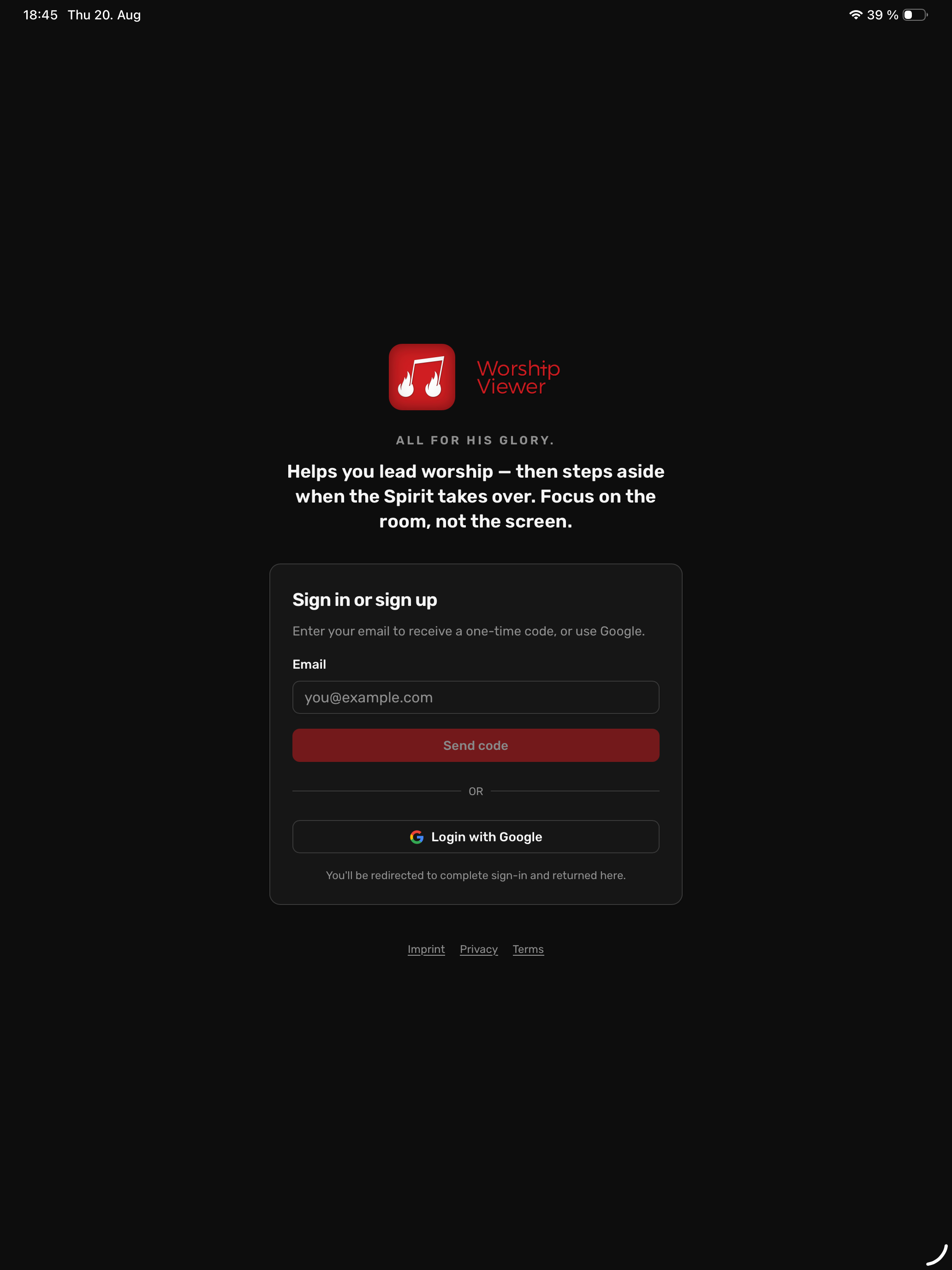Worship Viewer sign-in screen with email code and Google login
