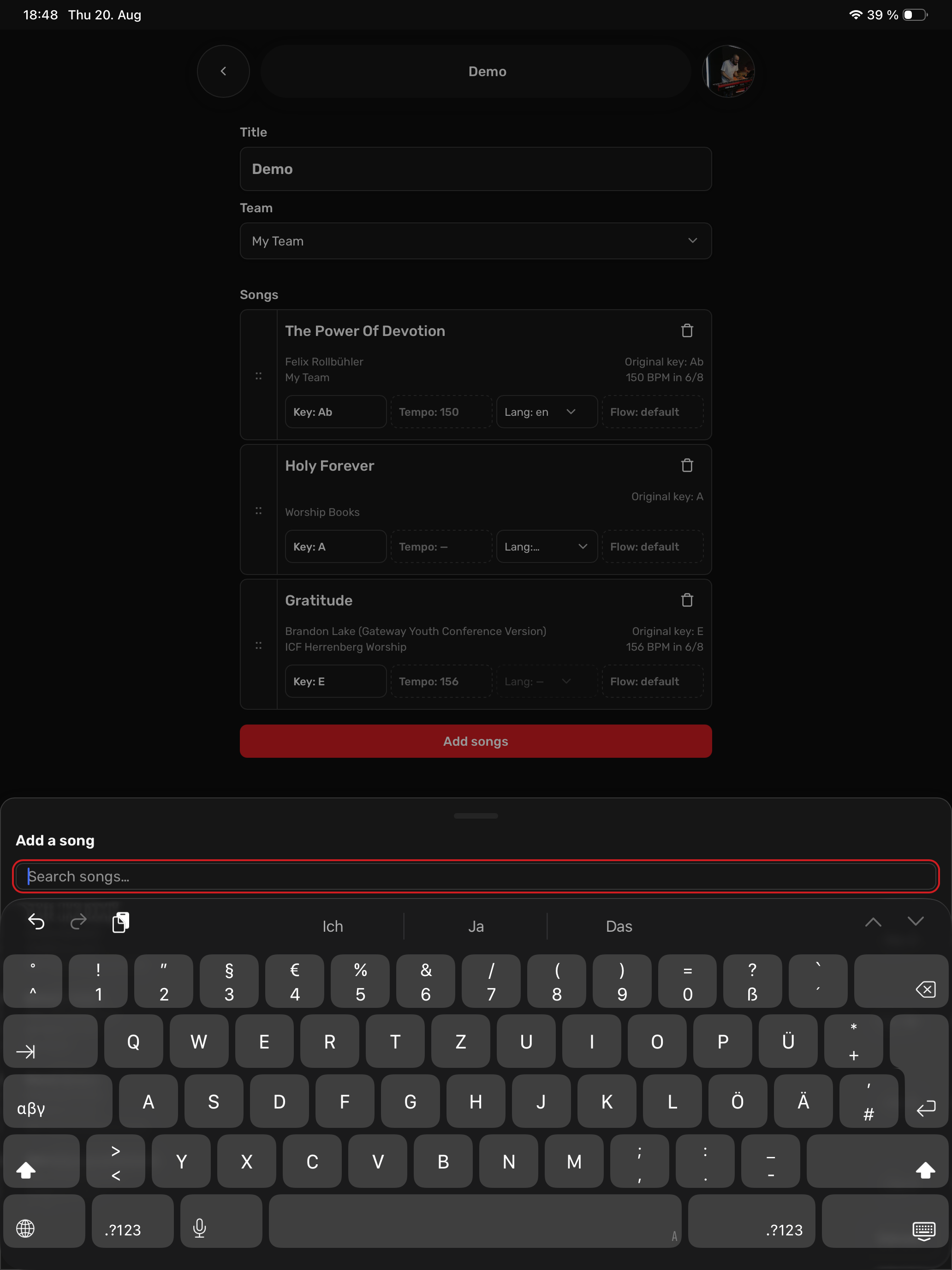 Set list planner built from your songs