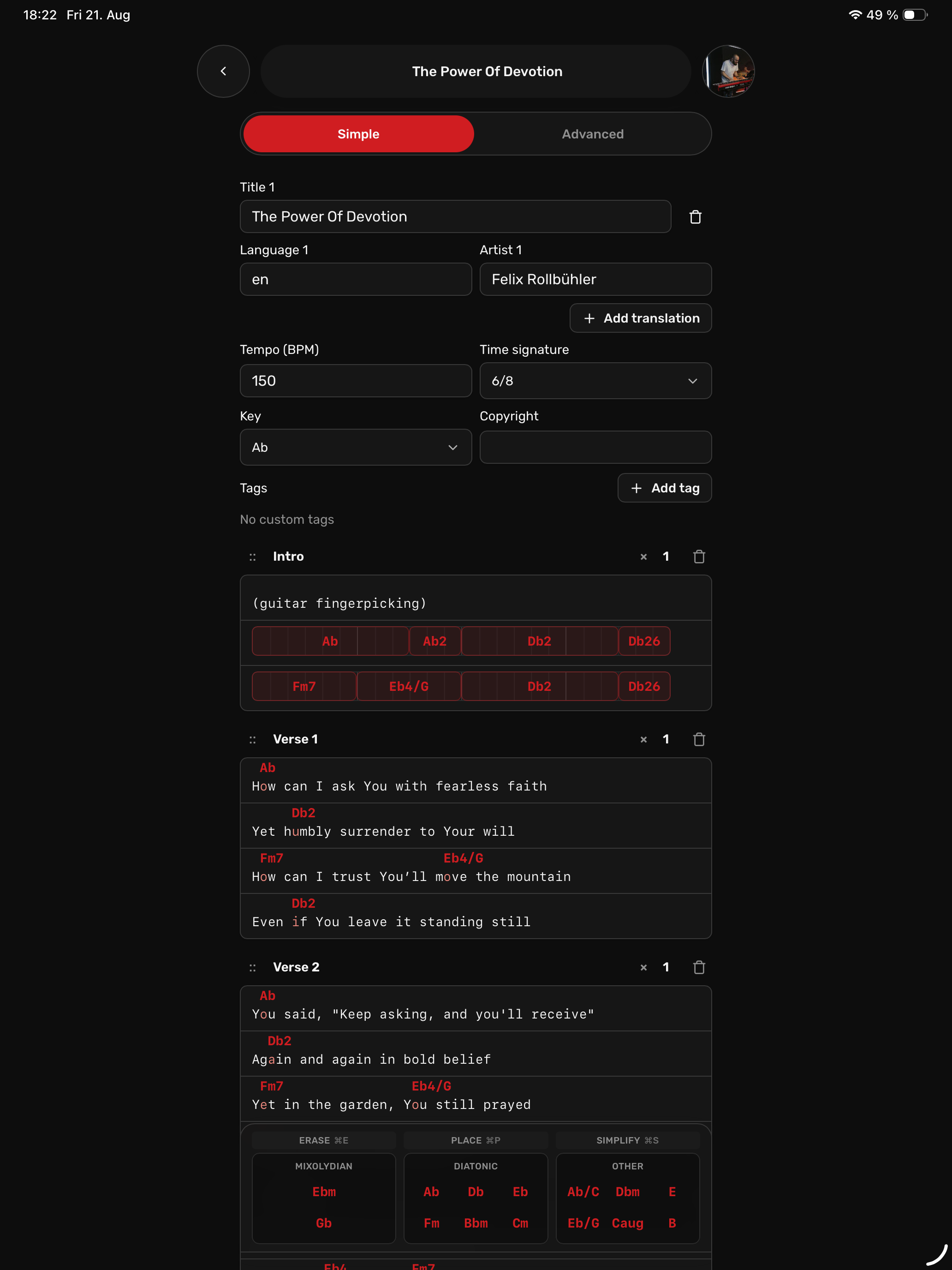 Song editor with a ChordPro source on the right and a live sheet preview on the left